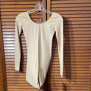 Capezio Long Sleeve Scoop-Neck Bodysuit with Pant Legs in Beige Nude Small